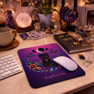 Black Cat Celestial Mystical Purple Pink Mouse Mat