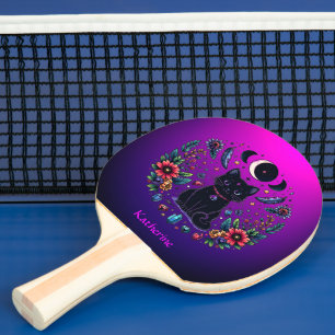 Black Cat Celestial Mystical Purple Pink Ping Pong Paddle