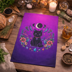 Black Cat Celestial Mystical Purple Pink Tea Towel