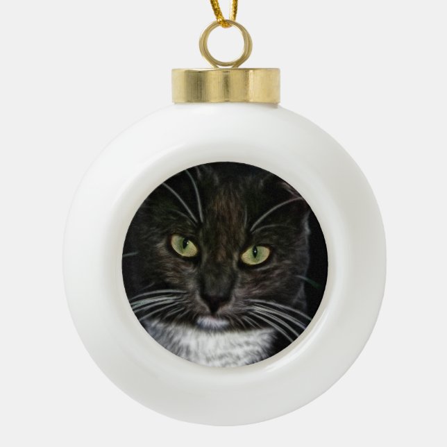 Black Cat Ceramic Ball Christmas Ornament (Front)
