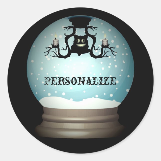 Black cat chandelier fall snow globe classic round sticker (Front)