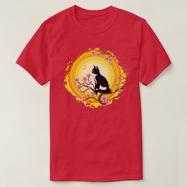 Black Cat Cherry Blossom Japanese Sakura Tree Wome T-Shirt (Design Front)