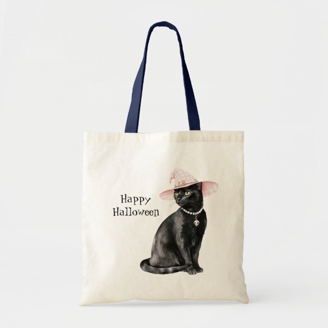 Black Cat Chic Pink Hat Halloween Tote Bag (Front)