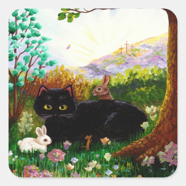 Black Cat Christian Art Painting Creationarts LRA Square Sticker (Front)
