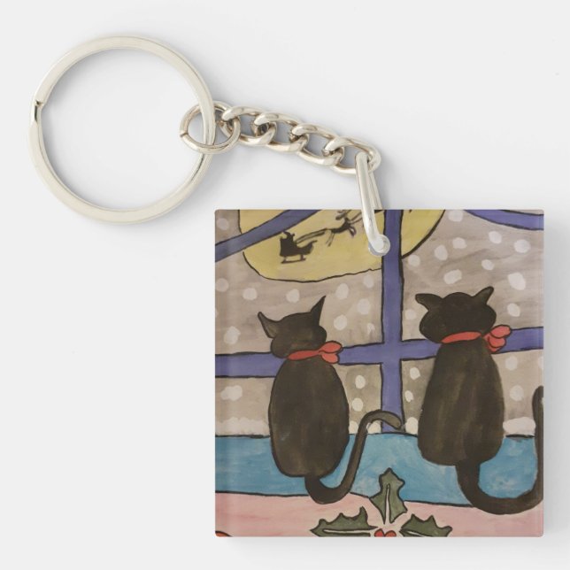 Black Cat Christmas Acrylic Key Ring (Front)