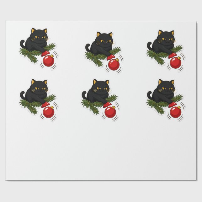Black Cat Christmas Bauble Funny Cat Pattern Wrapping Paper (Flat)