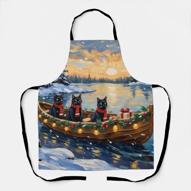 Black Cat Christmas Boat Holiday Apron (Front)