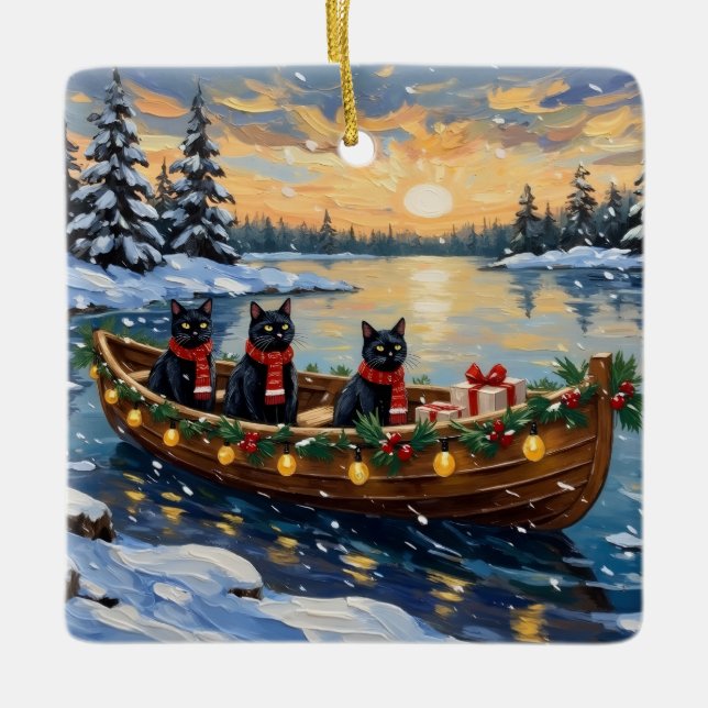 Black Cat Christmas Boat Holiday Ceramic Ornament (Front)