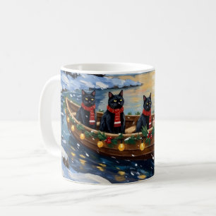 Black Cat Christmas Boat Holiday Coffee Mug