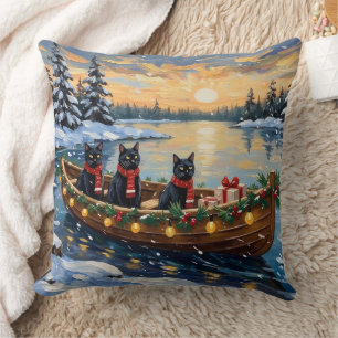 Black Cat Christmas Boat Holiday Cushion