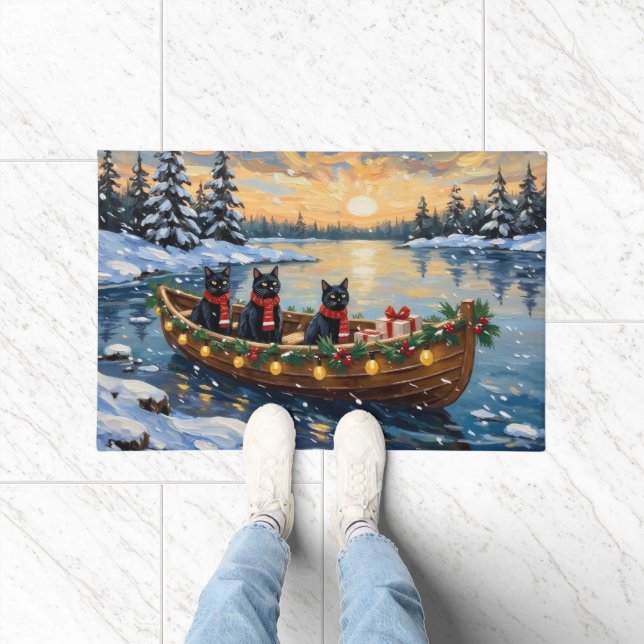 Black Cat Christmas Boat Holiday Doormat (Indoor)