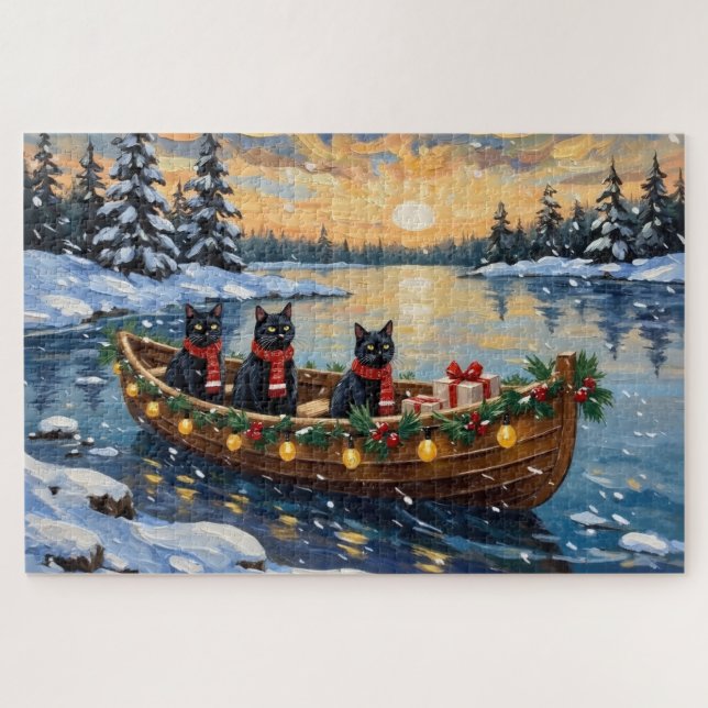 Black Cat Christmas Boat Holiday Jigsaw Puzzle (Horizontal)