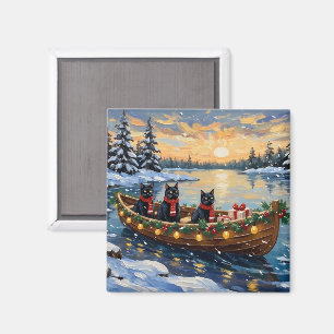 Black Cat Christmas Boat Holiday Magnet