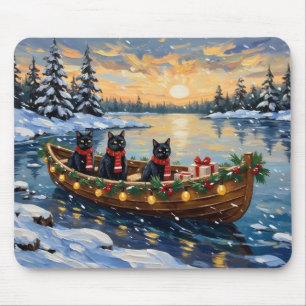 Black Cat Christmas Boat Holiday Mouse Mat