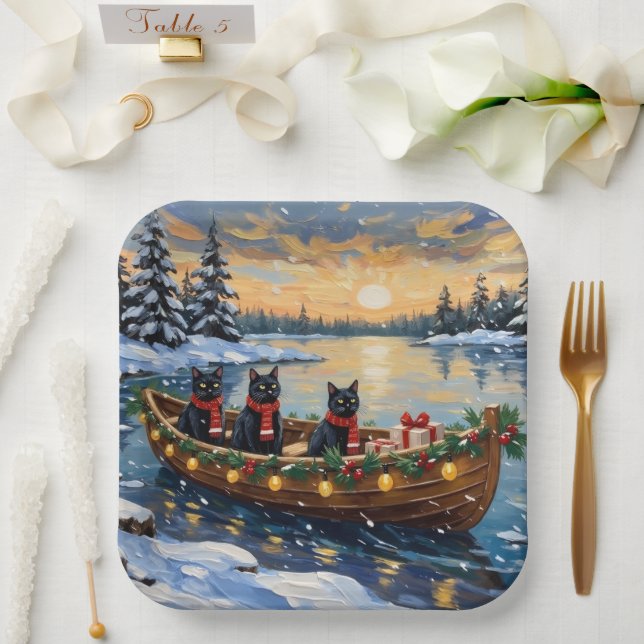 Black Cat Christmas Boat Holiday Paper Plate (Wedding)