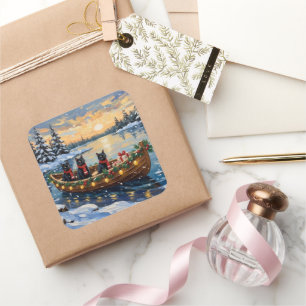 Black Cat Christmas Boat Holiday Square Sticker
