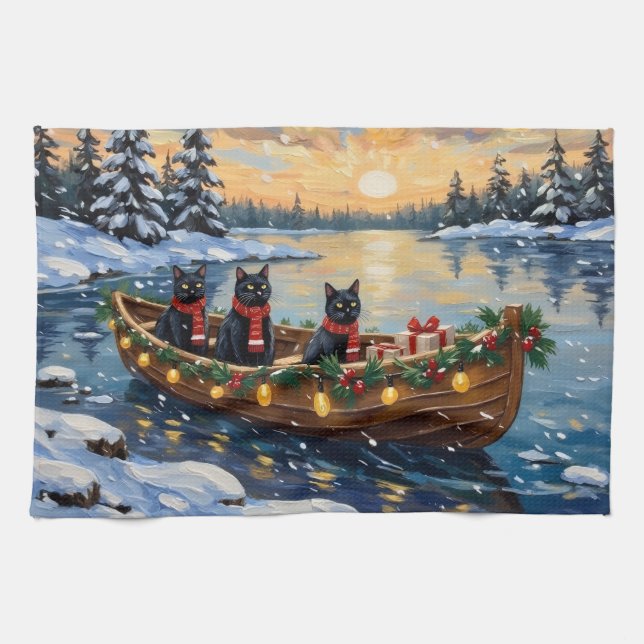 Black Cat Christmas Boat Holiday Tea Towel (Horizontal)
