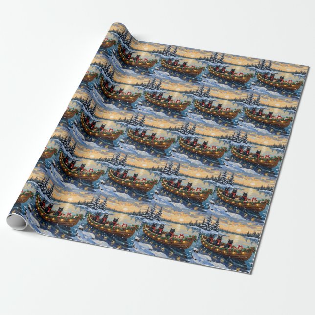 Black Cat Christmas Boat Holiday Wrapping Paper (Unrolled)