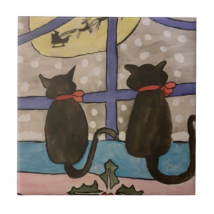 Black Cat Christmas Ceramic Tile