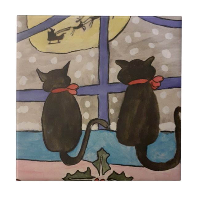 Black Cat Christmas Ceramic Tile (Front)