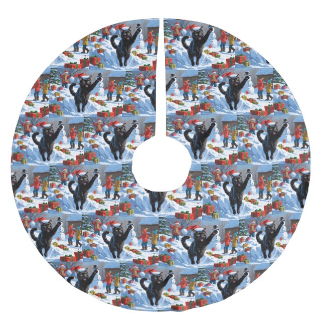 Black Cat Christmas Festive Snow Scene Brushed Polyester Tree Skirt (Front)
