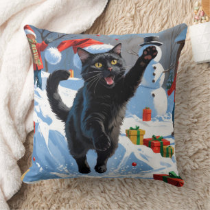 Black Cat Christmas Festive Snow Scene Cushion