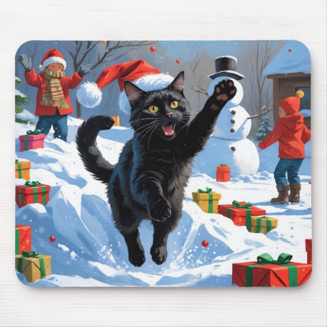 Black Cat Christmas Festive Snow Scene Mouse Mat (Front)