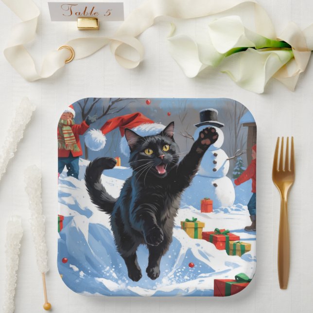 Black Cat Christmas Festive Snow Scene Paper Plate (Wedding)