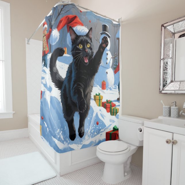 Black Cat Christmas Festive Snow Scene Shower Curtain (In Situ)