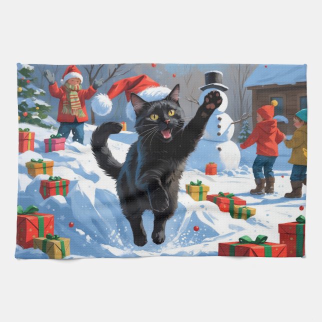 Black Cat Christmas Festive Snow Scene Tea Towel (Horizontal)