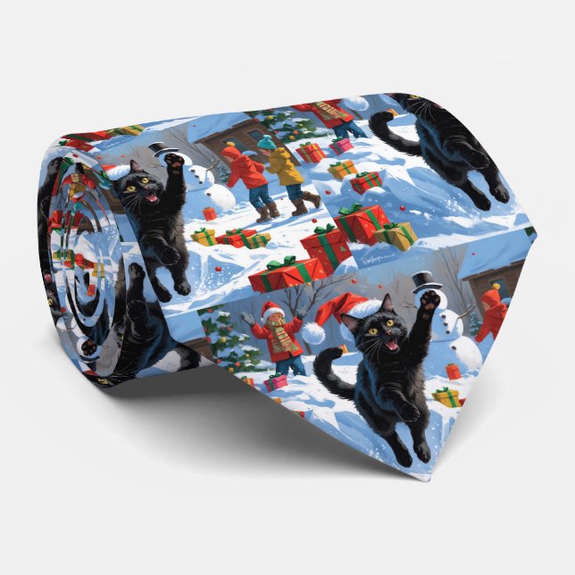Black Cat Christmas Festive Snow Scene Tie (Rolled)