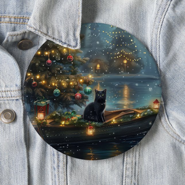 Black Cat Christmas Festive Voyage 6 Cm Round Badge (In Situ)