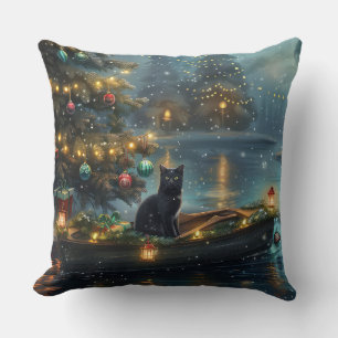 Black Cat Christmas Festive Voyage Cushion