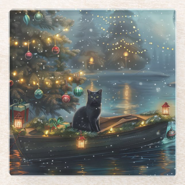 Black Cat Christmas Festive Voyage Glass Coaster (Front)