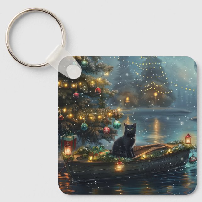 Black Cat Christmas Festive Voyage Key Ring (Front)