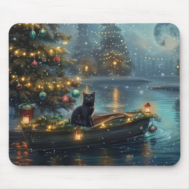 Black Cat Christmas Festive Voyage Mouse Mat (Front)