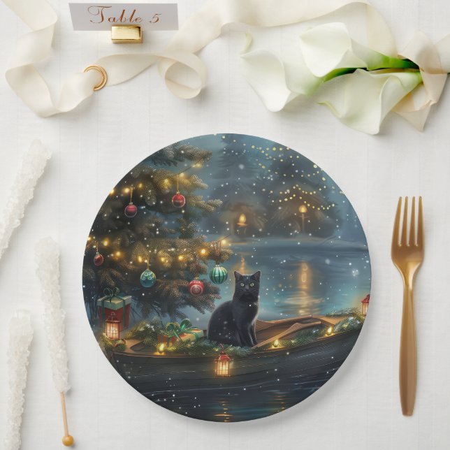 Black Cat Christmas Festive Voyage Paper Plate (Wedding)