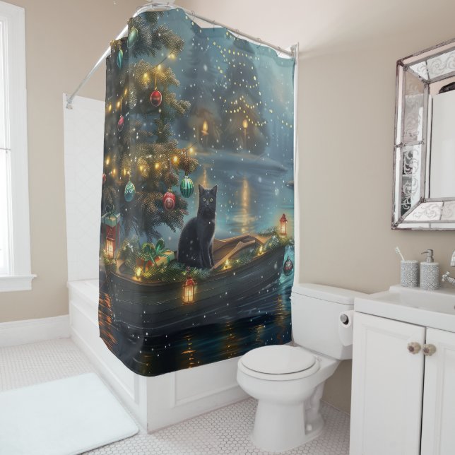 Black Cat Christmas Festive Voyage Shower Curtain (In Situ)
