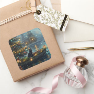 Black Cat Christmas Festive Voyage Square Sticker