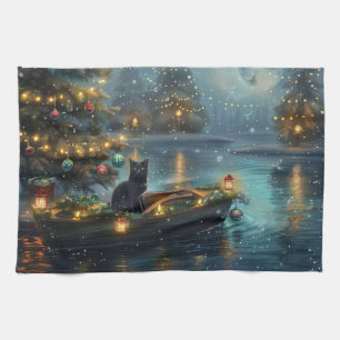 Black Cat Christmas Festive Voyage Tea Towel
