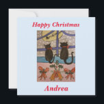 Black Cat Christmas Flat Card<br><div class="desc">These two cute black cats have been sitting patiently on the windowsill for Santa to arrive. It is Christmas Eve and the snow is falling hard. The house is decked with holly and seasonal bells for the holidays. Then the cat's patience is rewarded as they spot Santa in his reindeer...</div>