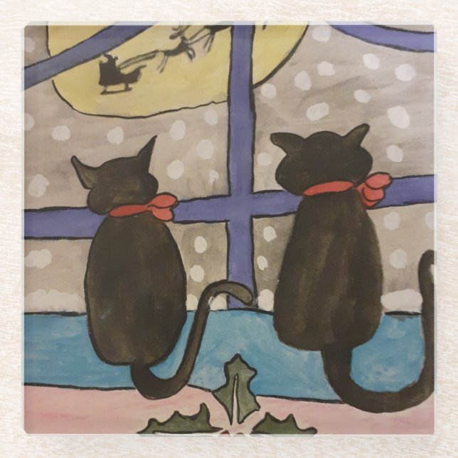 Black Cat Christmas Glass Coaster (Front)