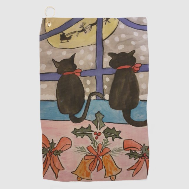 Black Cat Christmas Golf Towel (Front)