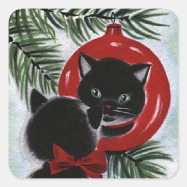 Black Cat Christmas Holiday Square Sticker (Front)