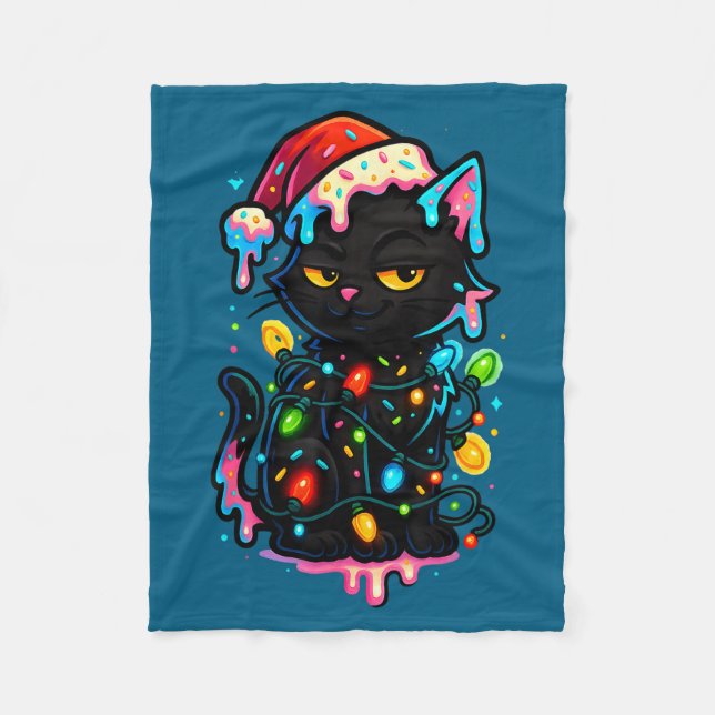 Black Cat Christmas Ice Cream Drip Santa Hat Cute  Fleece Blanket (Front)