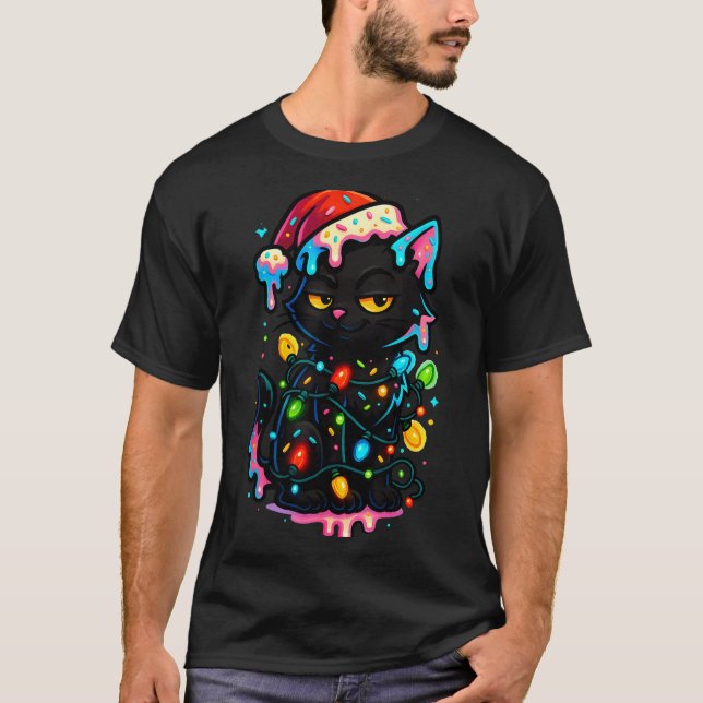 Black Cat Christmas Ice Cream Drip Santa Hat Cute  T-Shirt (Front)