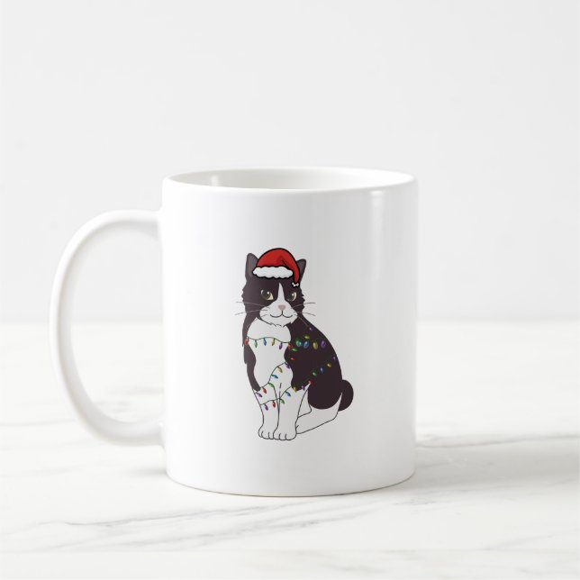 Black Cat Christmas Led Lights Xmas Tree kitten Coffee Mug (Left)