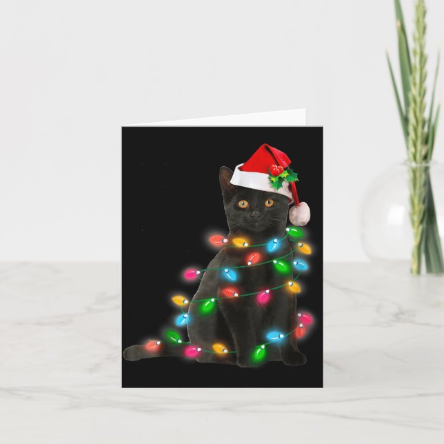 Black Cat Christmas Light Cat Lover Christmas  Card (Front)