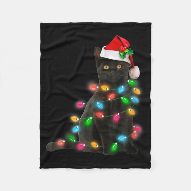 Black Cat Christmas Light Cat Lover Christmas  Fleece Blanket (Front)