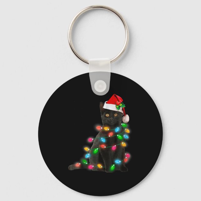 Black Cat Christmas Light Cat Lover Christmas  Key Ring (Front)